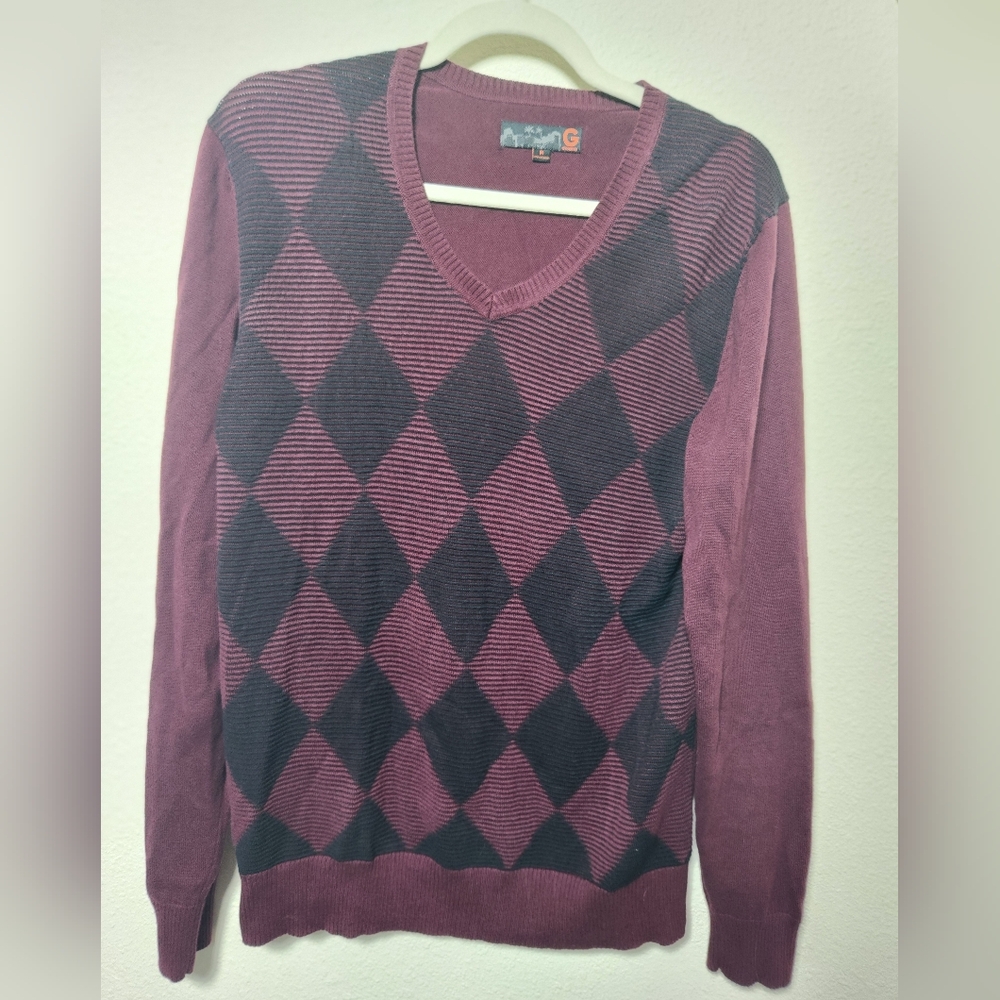 G by Guess Argyle Sweater V-Neck Long‎ Sleeve Burgundy Black  Cotton Mens Medium